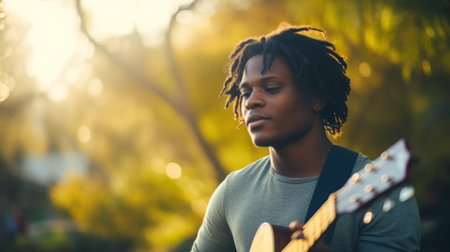 African young man playing guitar in the park. Generative AIの素材