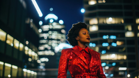 A captivating African young woman stands in front of a window at night, her beauty illuminated by the darkness.. Generative AIの素材