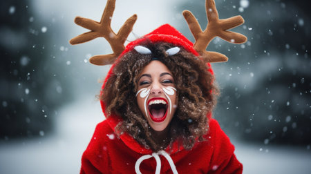 Young woman wearing a hat with deer antlers. Generative AIの素材
