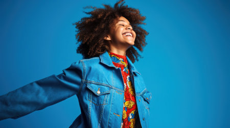 Young curly-haired woman poses happily in front of blue background. Generative AIの素材