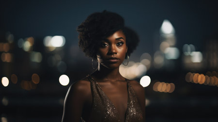 A captivating African young woman stands in front of a window at night, her beauty illuminated by the darkness.. Generative AIの素材
