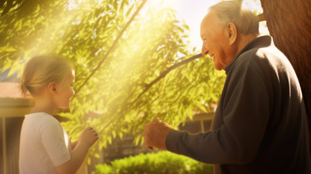 Grandfather and granddaughter have fun in the garden. Generative AIの素材