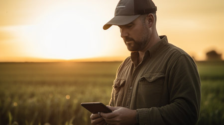 Young agricultural worker man uses tablet in the field. Generative AIの素材
