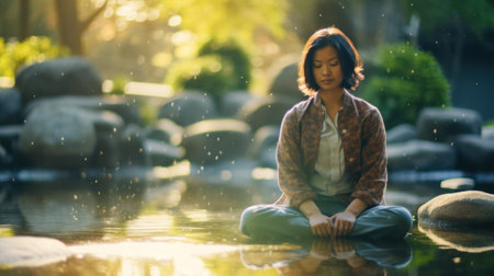 A serene Asian woman finding inner peace as she meditates in the tranquil waters.. Generative AIの素材