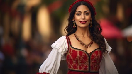 A woman wearing a vibrant Mexican costume, showcasing colorful patterns and traditional attire.. Generative AIの素材