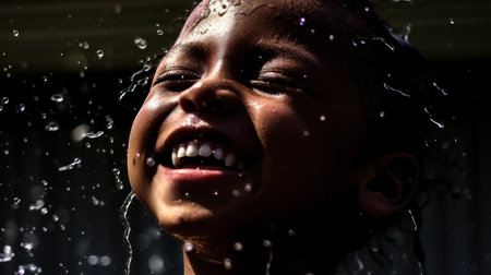 Little boy having fun in the rain. Generative AIの素材