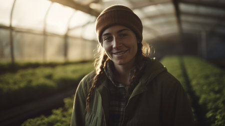 A woman farmer standing in a lush green field on an organic farm.. Generative AIの素材