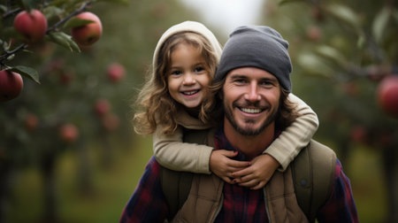A little girl having fun with her father in an apple orchard. Generative AIの素材