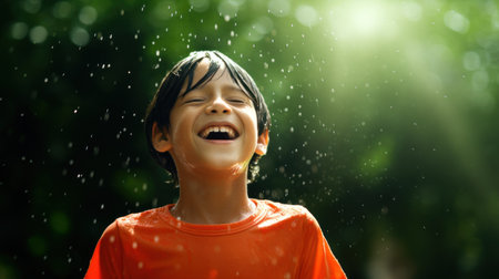 Little boy having fun in the rain. Generative AIの素材