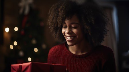 Young woman excitedly holding her present in front of the Christmas tree in the living room. Generative AIの素材