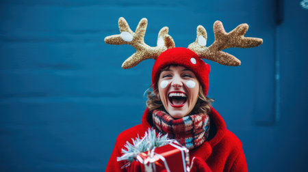Young woman wearing a hat with deer antlers. Generative AIの素材