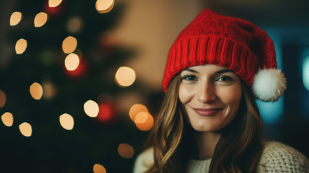 Young woman wearing a Santa hat. Generative AIの素材