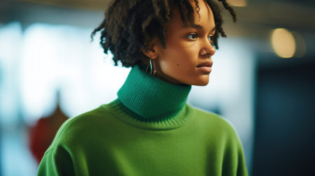 Elegant woman in a green outfit. Generative AIの素材