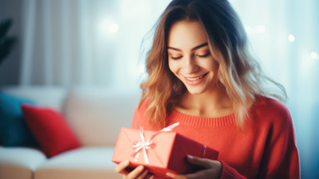 Young woman excitedly holding her gift in the living room. Generative AIの素材