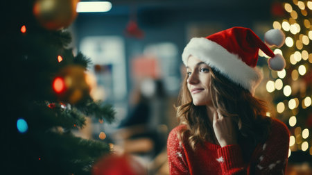 Young woman wearing a Santa hat. Generative AIの素材