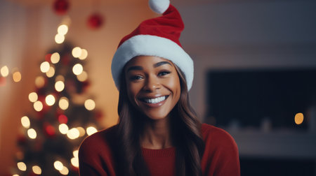 Young woman wearing a Santa hat. Generative AIの素材