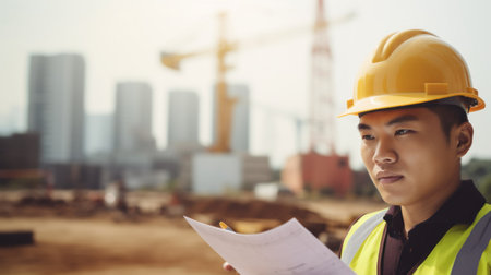 An Asian engineer man doing a project review in construction. Generative AIの素材