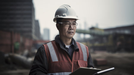 An Asian engineer man doing a project review in construction. Generative AIの素材