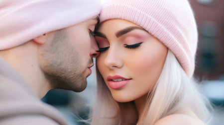 Young couple getting close in the snowy weather. Generative AIの素材