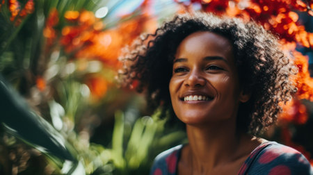 Beautiful woman in a garden with lush green plants. Generative AIの素材