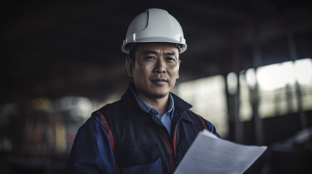 An Asian engineer man doing a project review in construction. Generative AIの素材