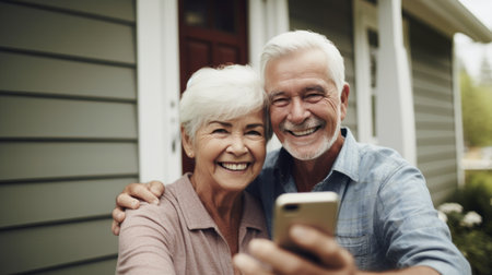 Happy elderly couple taking selfie. Generative AIの素材