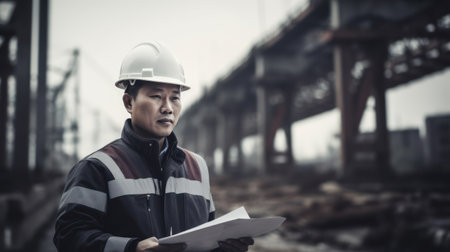 An Asian engineer man doing a project review in construction. Generative AIの素材