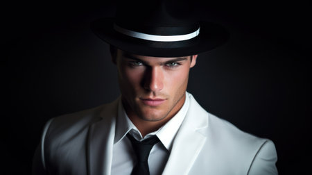 A serious-looking man in a white suit wearing a hat. Generative AIの素材