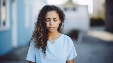 Close-up photo of a stressed young doctor. Generative AIの素材
