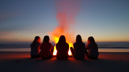 A group of friends sitting by the fire on the beach. Generative AIの素材