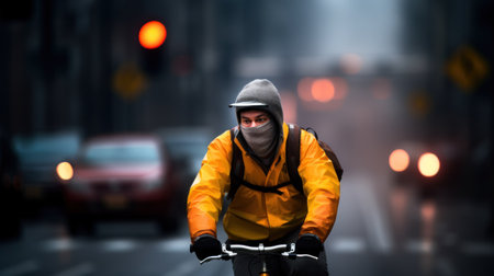 Young man bicycling to work on the streets of a modern city. Generative AIの素材