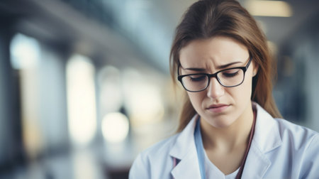 Close-up photo of a stressed young doctor. Generative AIの素材
