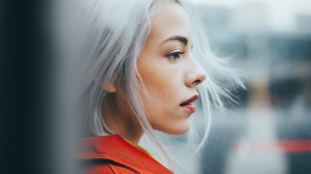 A woman with snowy hair gazing out the window, lost in thoughts.. Generative AIの素材