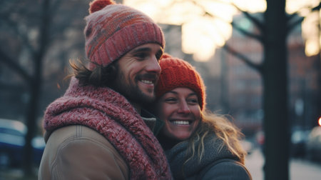 Young couple getting close in the snowy weather. Generative AIの素材