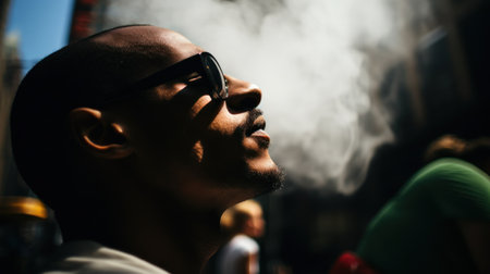 A man wearing sunglasses smoking on a street corner, exuding a cool and relaxed vibe amidst the bustling cityscape.. Generative AIの素材