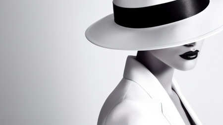 A serious-looking woman in a white suit and hat. Generative AIの素材