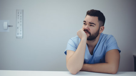 Close-up photo of a stressed young doctor man. Generative AIの素材