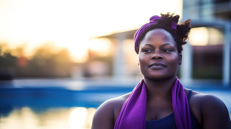 Overweight African woman in a purple sportswear by the pool. Generative AIの素材