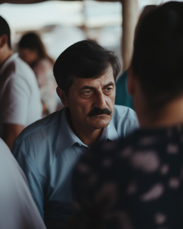 A gentleman donning a vibrant blue shirt, exuding confidence and style.. Generative AIの素材