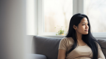 Pregnant woman in the living room. Generative AIの素材