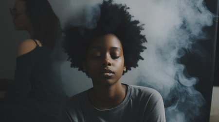 Serene African woman with closed eyes and smoke rising from her head.. Generative AIの素材