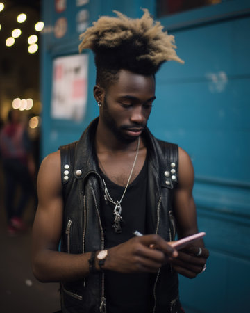 A man with a mohawk and leather vest gazes at his cell phone, engrossed in its contents.. Generative AIの素材