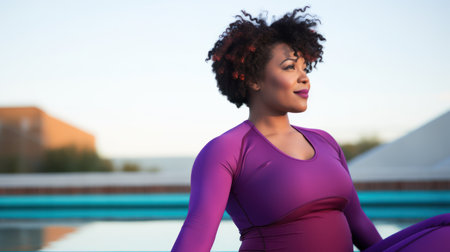 Overweight African woman in a purple sportswear by the pool. Generative AIの素材