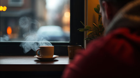 A view of a hot coffee steaming in front of a cafe window on a winter day. Generative AIの素材