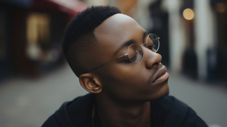An African young man with glasses gazes upwards, displaying curiosity and attentiveness in his expression.. Generative AIの素材