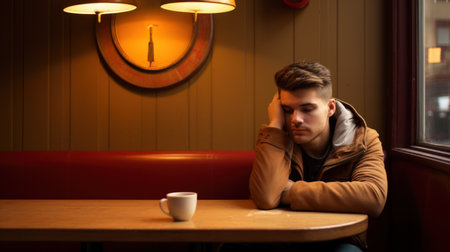 Sad man sitting at a table in the corner of a cafe with a mug of coffee in front of him. Generative AIの素材