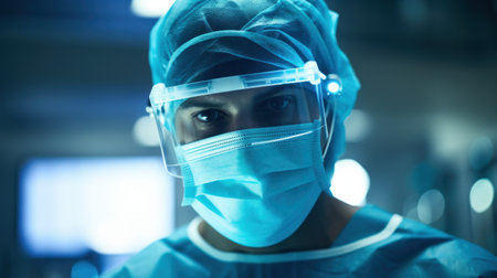 Doctor wearing a protective mask prepares for surgery. Generative AIの素材