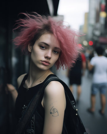 Street photo of young woman with colored hair. Generative AIの素材