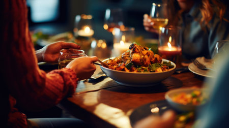 Photo of a group of friends focused on food and alcohol. Generative AIの素材