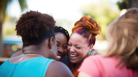 An image capturing the joyous camaraderie of three women, sharing laughter and creating lasting memories.. Generative AIの素材